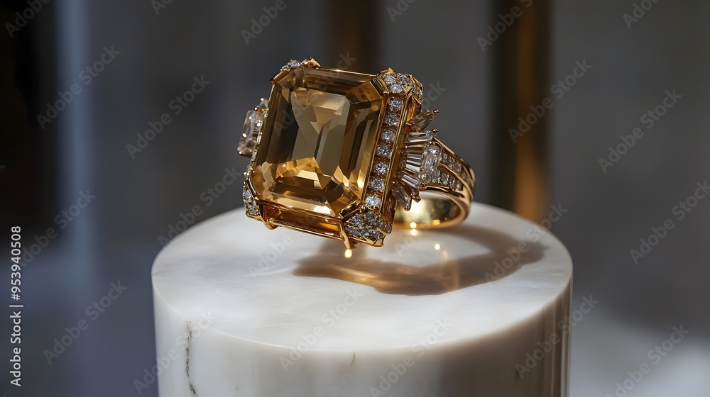 Extravagant crystal ring with a massive emerald cut smoky quartz crystal in a gold setting surrounded by tiny diamonds showcased on a marble pedestal Extravagant crystal ring with a massive emerald cut smoky quartz crystal in a gold setting surrounded by tiny diamonds showcased on a marble pedestal