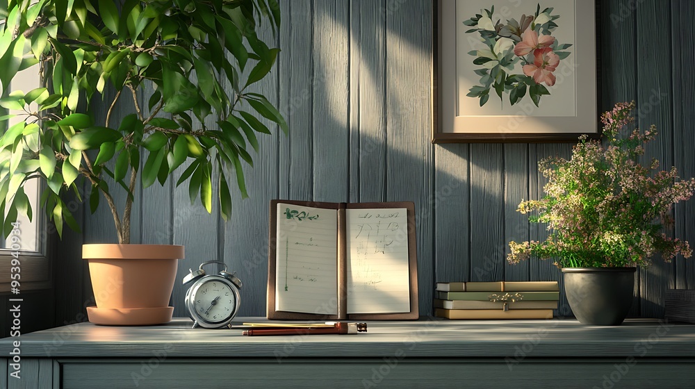 A Rustic Wooden Tabletop with Plants, Books, and a Vintage Alarm Clock A Rustic Wooden Tabletop with Plants, Books, and a Vintage Alarm Clock