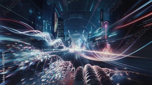 Cyberpunk Cityscape: A mesmerizing journey through a neon-drenched cityscape, where futuristic architecture blends with dazzling light trails. Witness the intoxicating pulse of a digital metropolis, a