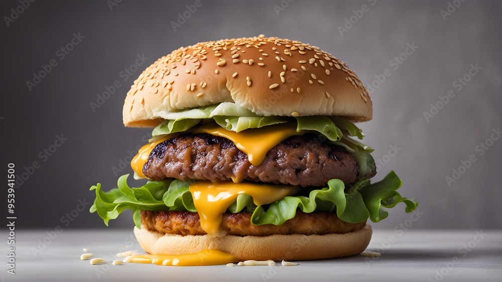 A large hamburger with melted cheese and lettuce on top