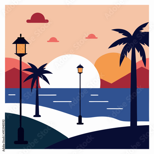 A seafront with palm trees vector illustration