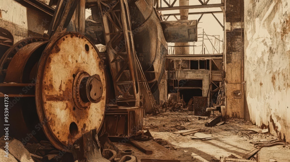 Workers in a forgotten site with rusted machinery, Industrial, Sepia tones, Illustration, Decay and neglect Workers in a forgotten site with rusted machinery, Industrial, Sepia tones, Illustration, Decay and neglect