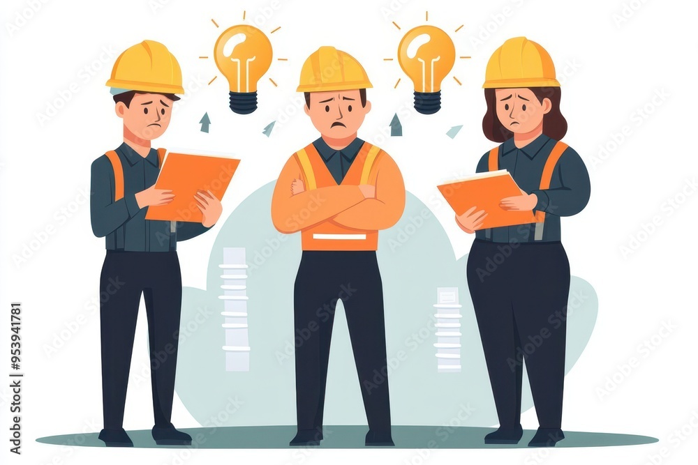 Workers with worried expressions, economic uncertainty, flat design illustration Workers with worried expressions, economic uncertainty, flat design illustration