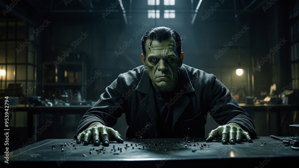 The iconic Frankenstein’s monster, with bolts protruding from his neck and his skin pieced together with stitches, lies on a metal table in a dark, gothic laboratory. The monster’s eyes are wide open, The iconic Frankenstein’s monster, with bolts protruding from his neck and his skin pieced together with stitches, lies on a metal table in a dark, gothic laboratory. The monster’s eyes are wide open,