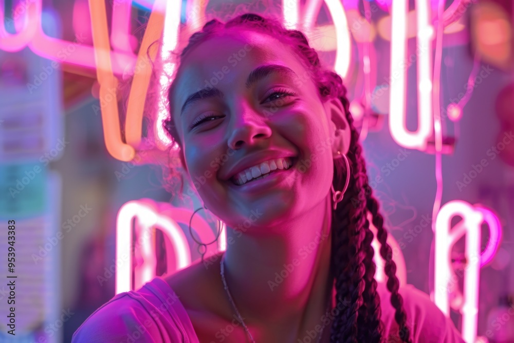 Joyful Young Woman with Braids Smiling Amidst Neon Lights – Vibrant Urban Portrait for Posters and Cards Joyful Young Woman with Braids Smiling Amidst Neon Lights – Vibrant Urban Portrait for Posters and Cards