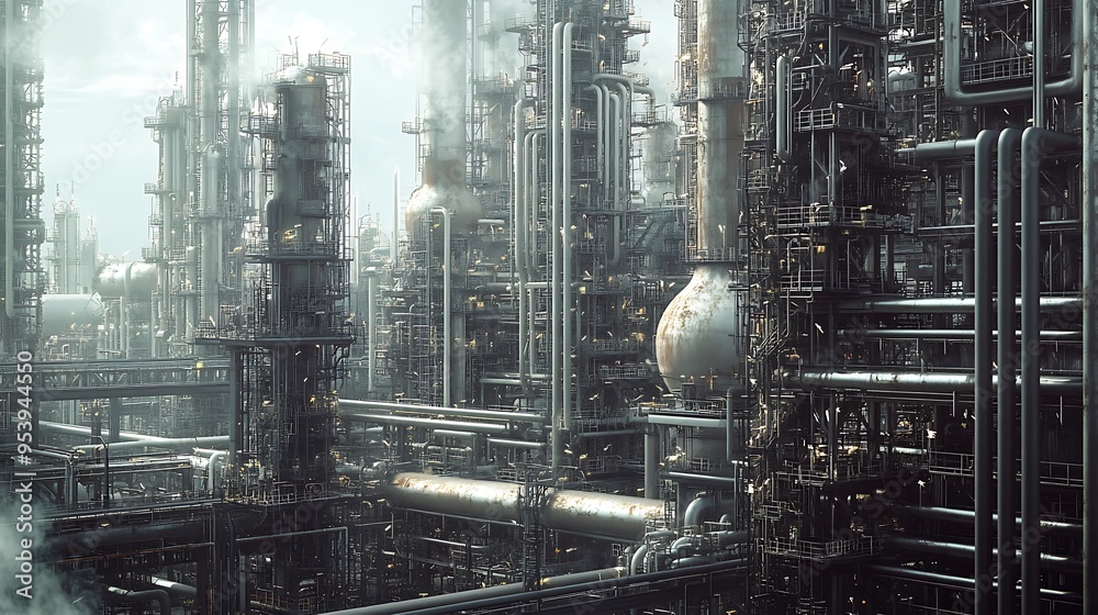 A Complex Network of Pipes, Tanks, and Towers in an Industrial Complex A Complex Network of Pipes, Tanks, and Towers in an Industrial Complex