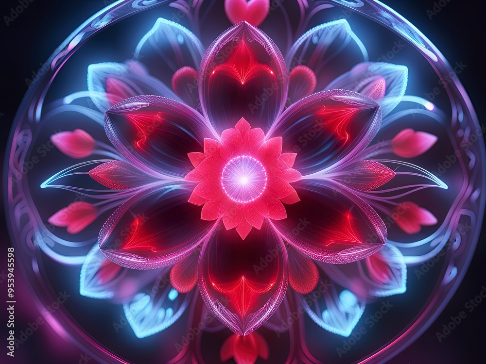 Abstract flower with petals emitting light. The color scheme includes neon shades of blue, purple and pink. Abstract flower with petals emitting light. The color scheme includes neon shades of blue, purple and pink.