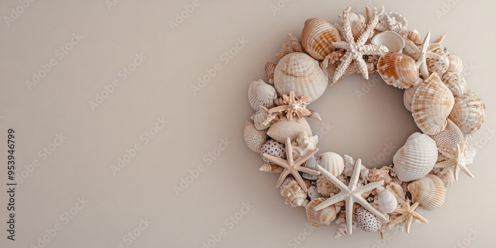 A coastal-themed wreath made of seashells, starfish and coral, hanging on an empty beige wall A coastal-themed wreath made of seashells, starfish and coral, hanging on an empty beige wall