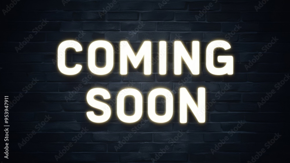 Obraz premium Coming soon neon typography on a brick wall background. Bold and modern design with a classic touch, suitable for announcements, events, or marketing materials, evoking urban and contemporary vibes