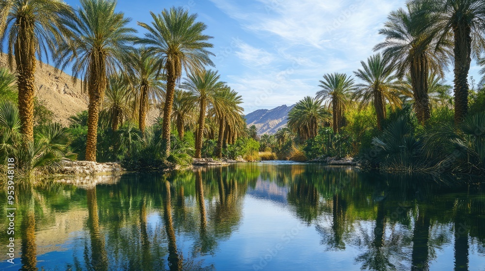 Tranquil Oasis with Palm Trees and Reflections Tranquil Oasis with Palm Trees and Reflections