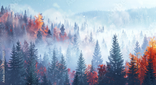 A forest with snow on the ground and trees with red leaves