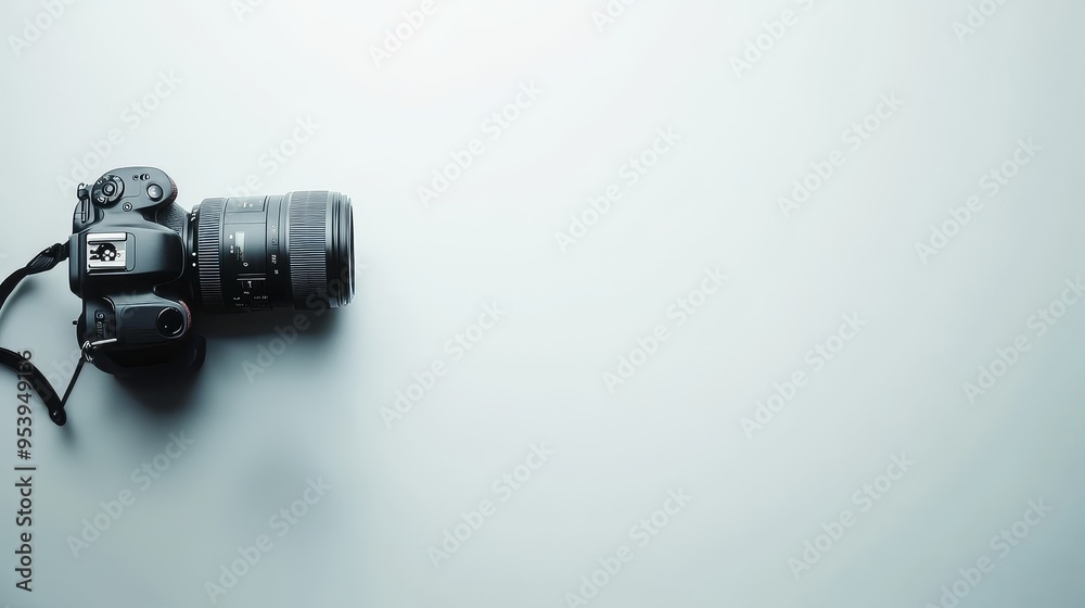 Modern digital SLR camera with telephoto lens isolated on white background with copy space, ideal for photography or technology concept Modern digital SLR camera with telephoto lens isolated on white background with copy space, ideal for photography or technology concept