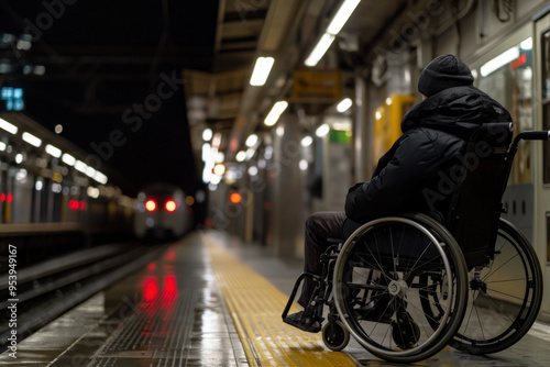 Lonely man is waiting for the train in a subway station at night