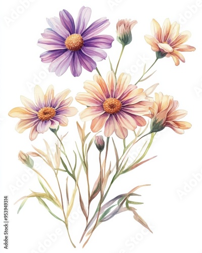 A delicate watercolor painting of blooming flowers in soft, pastel shades of pink, purple, and yellow.