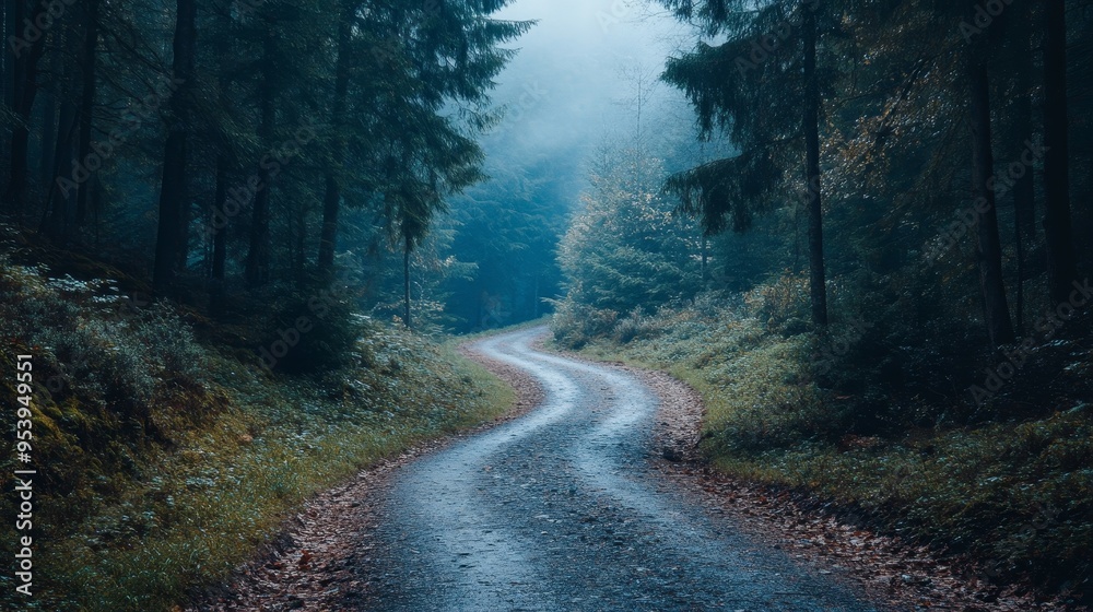 Obraz premium Winding gravel road through a misty forest with tall evergreen trees, creating an atmospheric and mysterious woodland scene