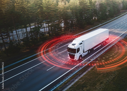 Autonomous Truck Navigates the Future of Logistics: A white semi-trailer truck seamlessly cruises down a highway, enveloped by a futuristic red HUD compass, embodying the cutting edge of driverless tr photo