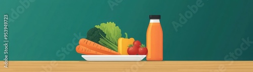 Balanced meal plate, nutritious food items promoting long life, flat design illustration photo