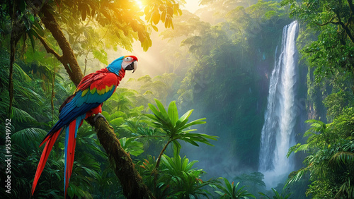 A bright, vivid parrot by a flowing waterfall in a dense, mist-filled tropical rainforest.