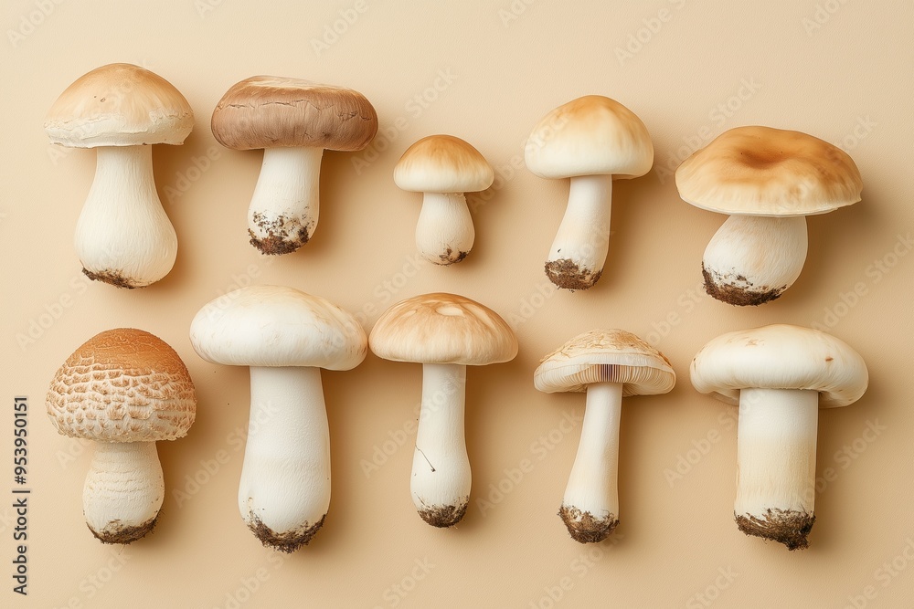 A collection of mushrooms of various sizes and shapes. The mushrooms are arranged in a row on a table A collection of mushrooms of various sizes and shapes. The mushrooms are arranged in a row on a table