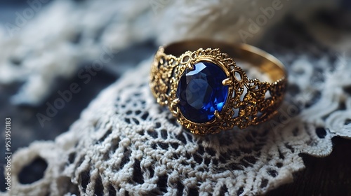 Captivating Vintage Glass Ring with Deep Blue Stone Encased in a Decorative Gold Band Displayed on a Delicate Lace Doily for an Elegant Timeless Aesthetic