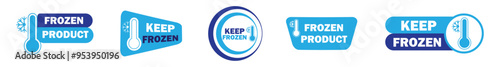 Frozen product label set. Stickers with snowflake and thermometer. Keep frozen badges for package product. Frozen food logo.