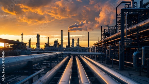 Industrial Sunset: A panoramic view of an industrial complex silhouetted against a fiery sunset, showcasing the intricate network of pipes and towers, with plumes of smoke rising into the sky, evokes 