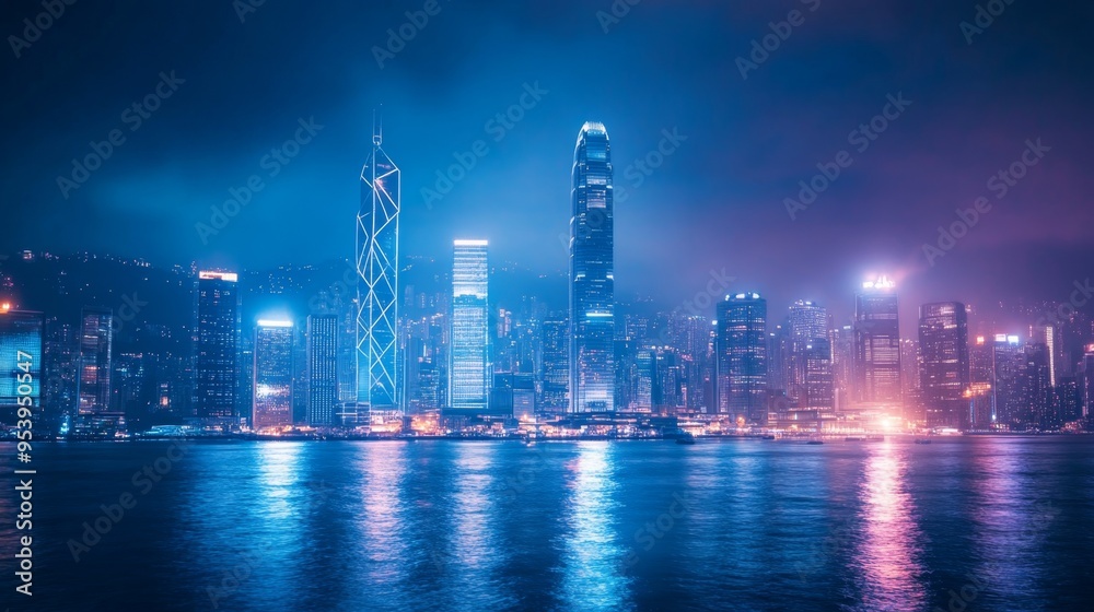Fototapeta premium A high-quality stock image of a futuristic city skyline at night with glowing lights on the right side, leaving space on the left for text. Perfect for technology advertisements, sci-fi themes.