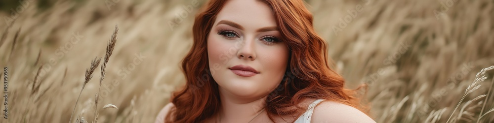 A woman with red hair is sitting in a field of tall grass. She has a serious expression on her face A woman with red hair is sitting in a field of tall grass. She has a serious expression on her face