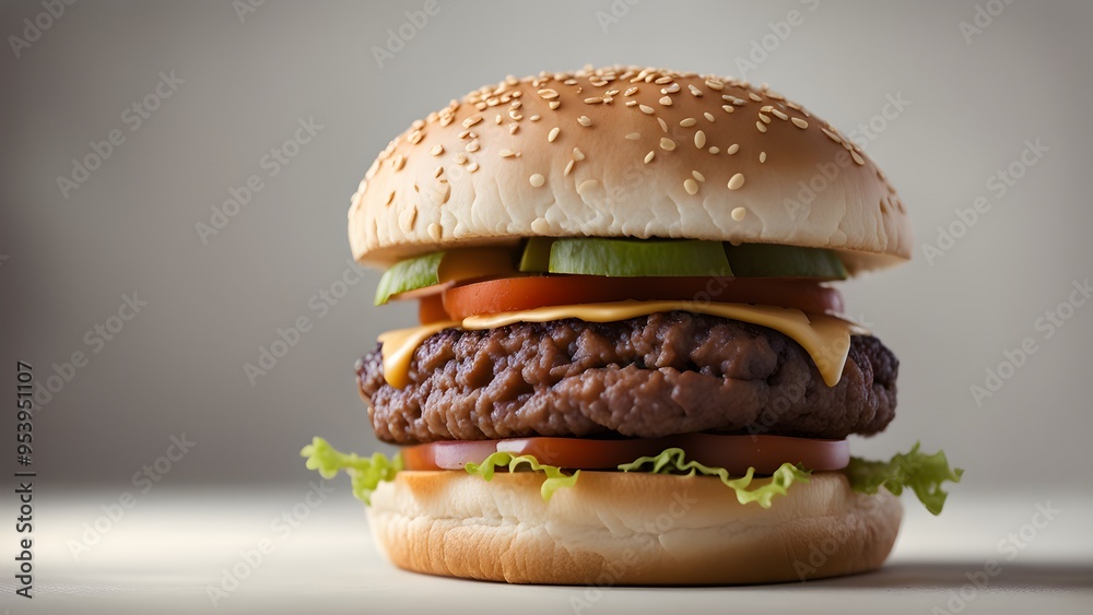 A large hamburger with lettuce and tomato on top A large hamburger with lettuce and tomato on top