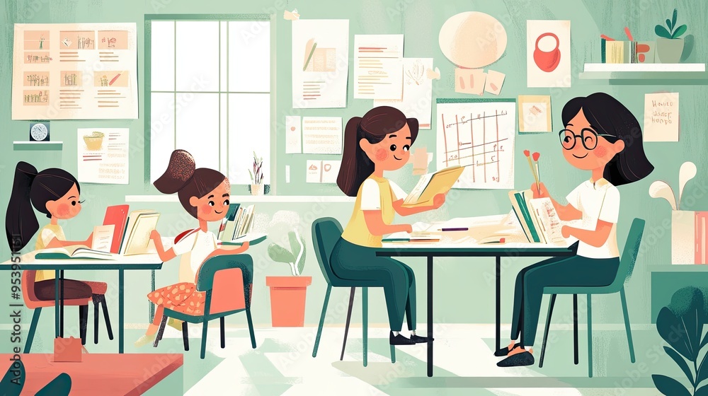 Cheerful Teacher Assisting Student with Homework in Classroom Full of Learning Resources and Books Cheerful Teacher Assisting Student with Homework in Classroom Full of Learning Resources and Books