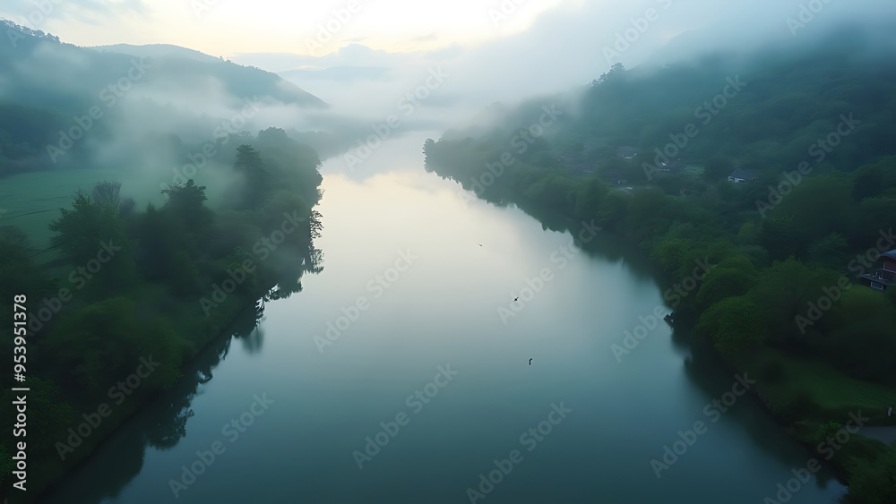 Peaceful River Scene at Sunset: Aerial Perspective of Misty Trees and Reflective Waters Creating an Ethereal Landscape, Highlighting the Tranquil and Serene Atmosphere of a Natural Setting. Peaceful River Scene at Sunset: Aerial Perspective of Misty Trees and Reflective Waters Creating an Ethereal Landscape, Highlighting the Tranquil and Serene Atmosphere of a Natural Setting.