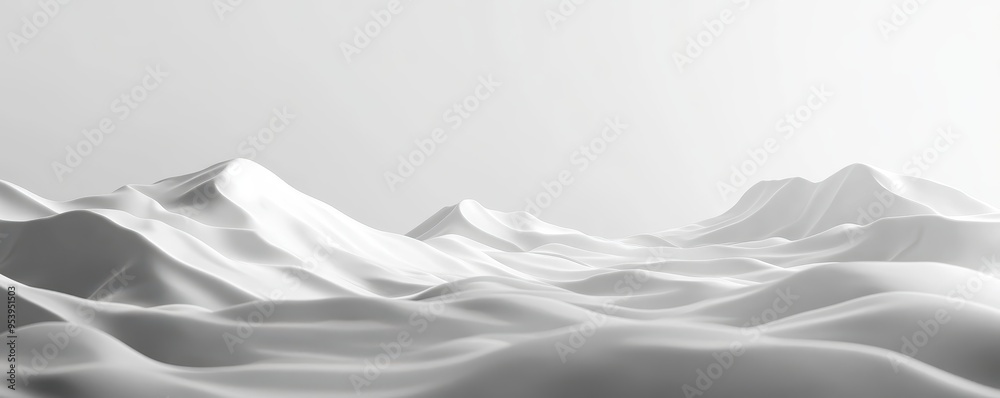 Fototapeta premium Minimalistic landscape of monochrome mountains and valleys, depicting serene and smooth white surfaces under soft light.