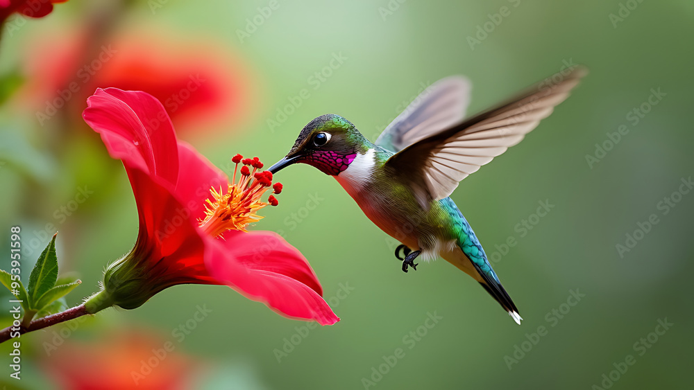 Hummingbird in Mid-Flight Near Bright Red Flower: Capturing the Beauty and Motion of Wildlife Interaction with Flora
