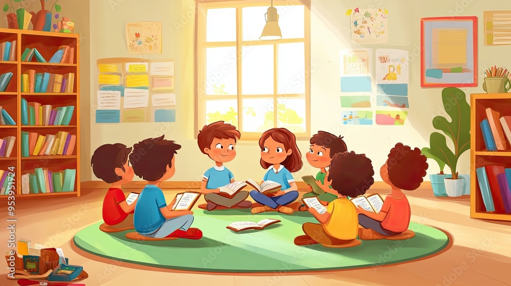 Fototapeta premium Engaging Storytime in a Cozy Classroom - Teacher and Kids Reading Books Together in Educational Setting