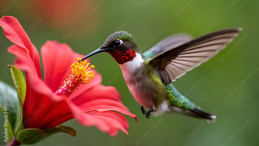 Fototapeta premium Hummingbird in Mid-Flight Feeding from Bright Red Flower: Showcasing the Dynamic Interaction and Precision Hovering of a Pollinating Bird.
