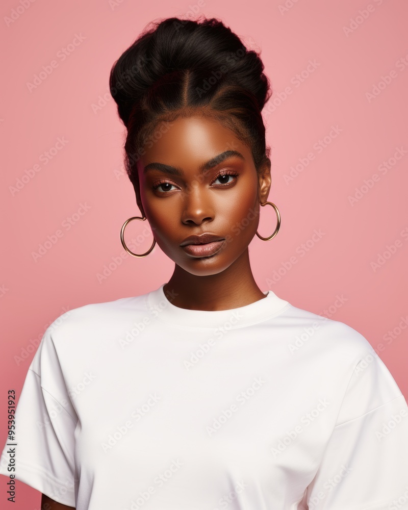 beautiful close up portrait of afro woman with glowing dark skin, on pink background beautiful close up portrait of afro woman with glowing dark skin, on pink background