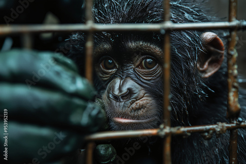 A poignant image of young chimpanzee looking through bars, evoking emotions of compassion and concern for wildlife rescue efforts. photo