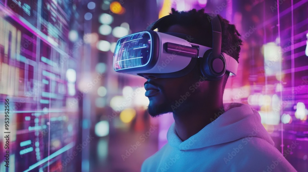 A young man experiences immersive technology while wearing a virtual reality headset in a vibrant city at night A young man experiences immersive technology while wearing a virtual reality headset in a vibrant city at night