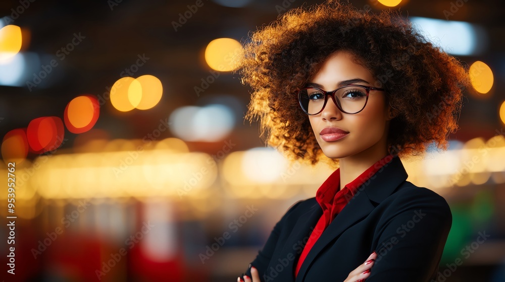 A confident businesswoman with curly hair and glasses poised in a professional setting, radiating strength and determination. A confident businesswoman with curly hair and glasses poised in a professional setting, radiating strength and determination.