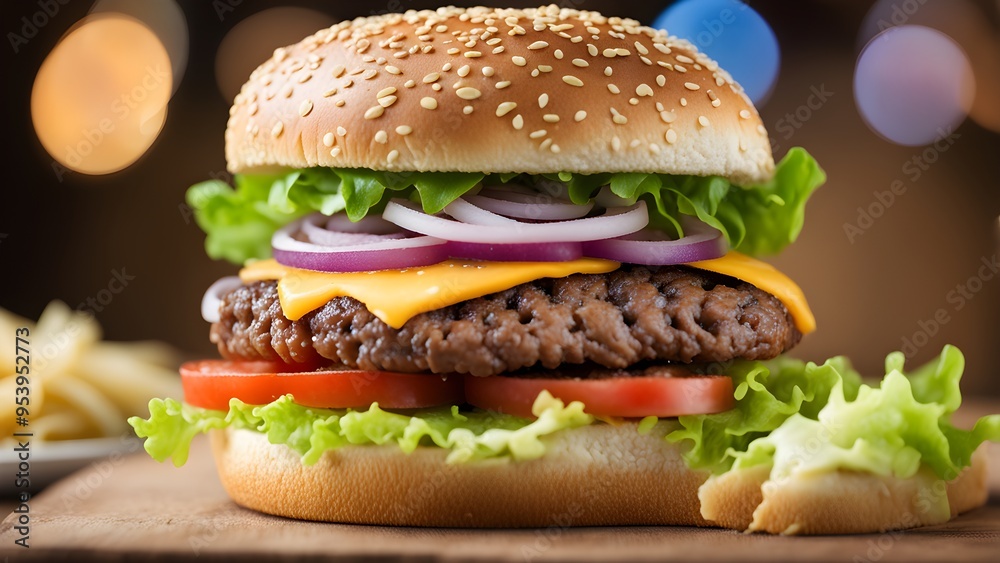 A large hamburger with lettuce, tomato, and onions on a wooden table