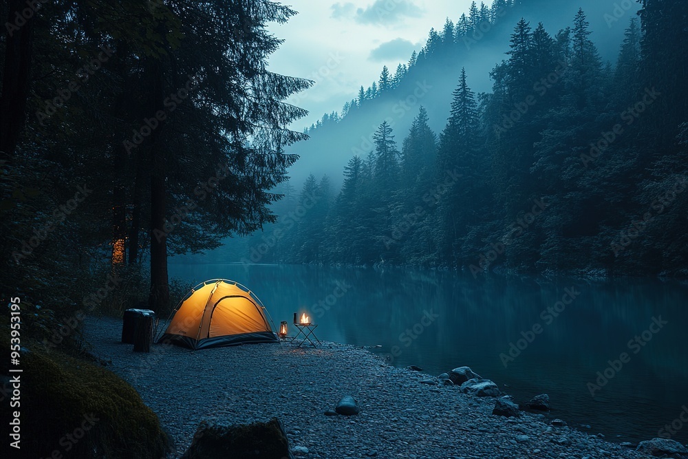 Illuminated tent by serene lake in twilight forest Illuminated tent by serene lake in twilight forest