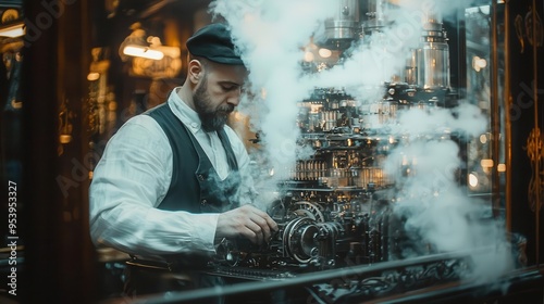 A steampunk engineer adjusting the gears on a mechanical computer as neon steam hisses from the screen photo