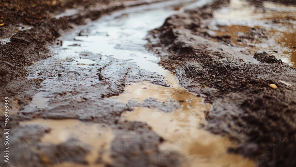 A close-up of the muddy road with oil and water, showing how it can add to rainwater's sustainable future A close-up of the muddy road with oil and water, showing how it can add to rainwater's sustainable future