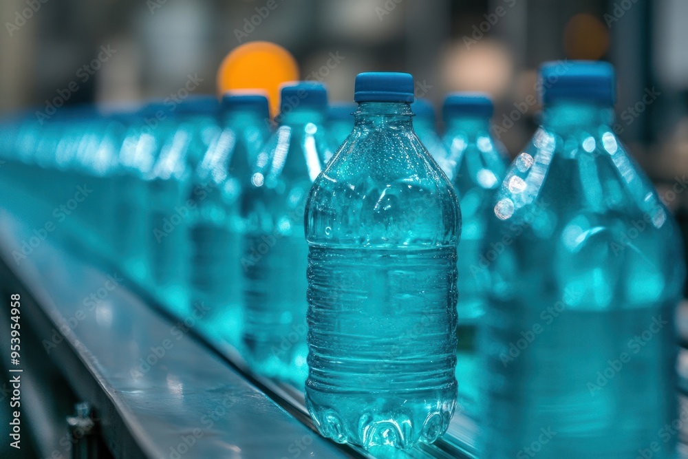 A conveyor belt with rows of glass water bottles filled and ready for shipping A conveyor belt with rows of glass water bottles filled and ready for shipping