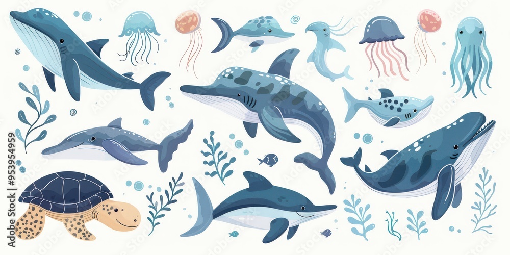 Obraz premium A collection of vector illustrations of sea animals, including whales, dolphins, and jellyfish, isolated on a white background.