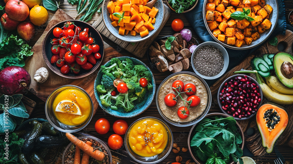 Fresh vegetables and fruits arranged beautifully for healthy meal preparation Fresh vegetables and fruits arranged beautifully for healthy meal preparation