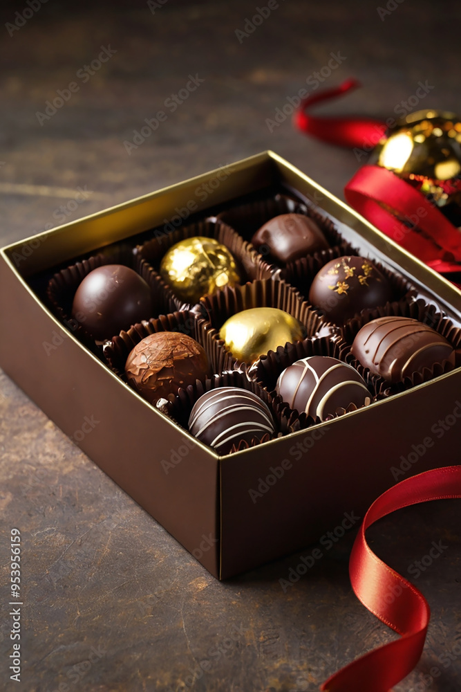 Closeup photo of open luxury chocolate box full of different flavored and shaped dark and white chocolate pieces for gift