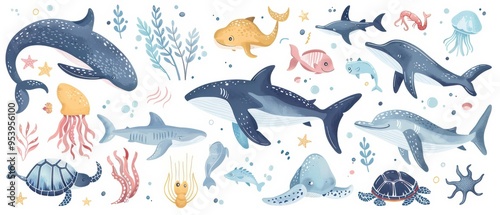 A collection of vector illustrations of sea animals, including whales, dolphins, and jellyfish, isolated on a white background.