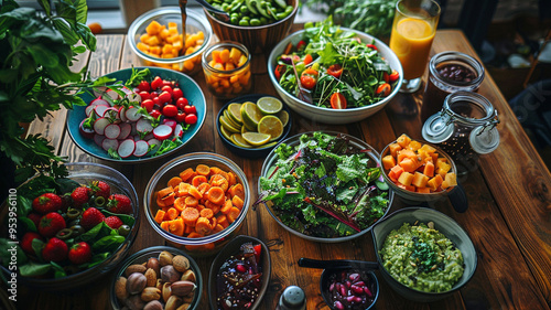 Vibrant spread of fresh fruits and vegetables on a wooden table for healthy eating