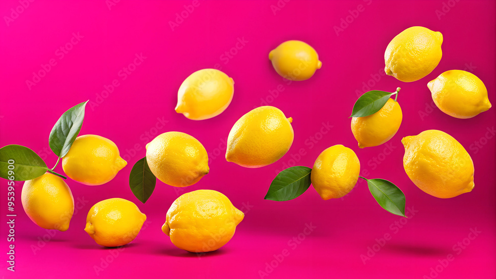 Falling fresh yellow lemons with green leaves isolated on the background, citrus fruit flying in the air, summer freshness fruit. Falling fresh yellow lemons with green leaves isolated on the background, citrus fruit flying in the air, summer freshness fruit.